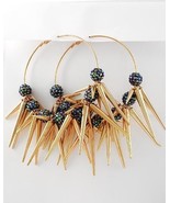 NEW CHUNKY HUGE Spikes &amp; Meridian Blue Resin Pave Balls 3 1/2&quot; Hoop Earr... - £9.58 GBP