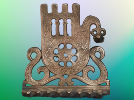 Vintage Judaica Hanukkah Oil Menorah Engraved Hamsa Good Luck Bronze Israel - $65.09