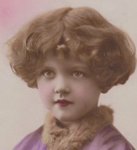RPPC Vintage Hand-Colored Pretty Little Girl in Purple With Fur Collar - £7.27 GBP