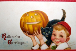 Halloween Postcard Boy Black Cat JOL Pumpkin Series 120 Frances Brundage Germany - $78.85