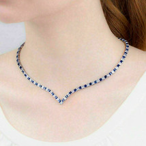 17Ct Princess Cut Blue Sapphire &amp; Diamond Tennis Necklace 14K White Gold Finish - £216.73 GBP