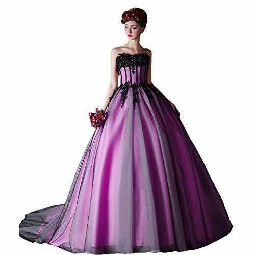 Kivary Black Tulle Beaded Lace Long Formal Gothic Prom Wedding Dress Light Purpl