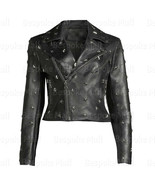 New Women&#39;s Punk Silver Star Studded Biker Cowhide Antique Leather Jacke... - $229.99