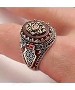 Vintage silvery crown ring, engraved eagle print red gemstones ring. - £14.95 GBP