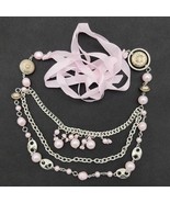 3 Strand Silver Tone Pale Pink Faux Pearl Layered Ribbon Statement Necklace - £15.19 GBP