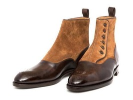 Mens Handmade Real Suede Leather Shoes Two Tone Tan &amp; Brown Ankle High Boots - £122.25 GBP+