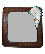 Rustic Southwestern Indian Chief Headdress Faux Tooled Leather Wall Mirr... - £98.06 GBP