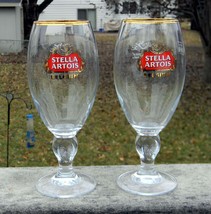 2 New Stella Artois Belgium Beer Glasses Gold Rimmed Chalices 40 Cl Anno 1366 - £21.75 GBP