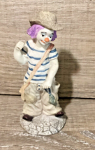 Vtg. Ceramic Hand Painted 5 Inch Clown Figurine, blue &amp; white shirt,baggy pants - £7.72 GBP