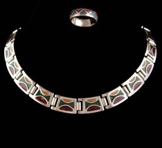 Vintage Cleopatra necklace - silver &amp; Enamel statement collar - southwest ring - - £59.43 GBP