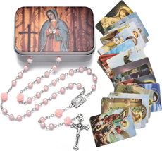 Rosary Beads Catholic Necklace Holy Soil Medal Cross Crucifix with Metal Box and - £17.63 GBP