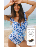 Blue Floral Ruffled Strap Lace-up Hollow Out One Piece Swimsuit - $14.58