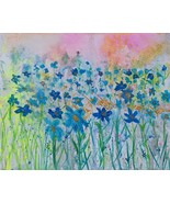Original Watercolor Painting  8&quot; x 10&quot; Gold Blue Navy Green Field of Flo... - $91.90 MXN