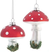 Kurt Adler Set Of 2 Glass 2.5&quot; Red &amp; White Mushroom Christmas Ornaments - £13.28 GBP