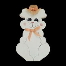 Hand-Painted Wooden Easter Bunny Rabbit White Pink Peach Bow Hat 9.75&quot; Vintage - £17.35 GBP