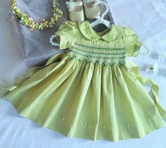 Light Green Hand-Smocked Embroidered Baby Girl Dress. Toddler Girls Formal Dress - £31.05 GBP