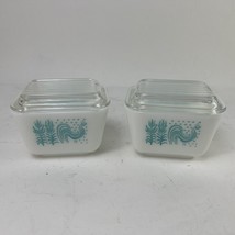 2 - Pyrex Amish Rooster Butterprint Turquoise 0501 Refrigerator Dishes w/Lids - £35.85 GBP