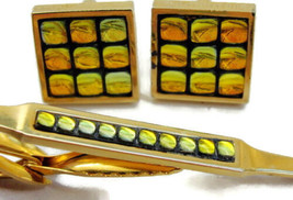Multicolor Checkered Set Hickok Vintage Cufflinks &amp; Neck Tie Clip Gold Tone - $43.55