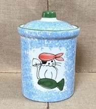 Himark Art Pottery Pirate Cat w Fish Blue Spongeware Cookie Treat Jar Ca... - £28.78 GBP