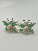 Polymer Clay Seashell &amp; Pearl Earrings Hand Painted Pastel Green Butterfly - £25.55 GBP