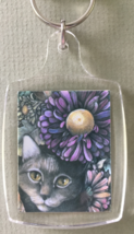 Small Cat Art Keychain - Gray Cat with Purple Asters - $8.00
