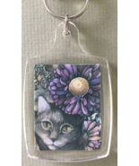 Small Cat Art Keychain - Gray Cat with Purple Asters - £6.32 GBP