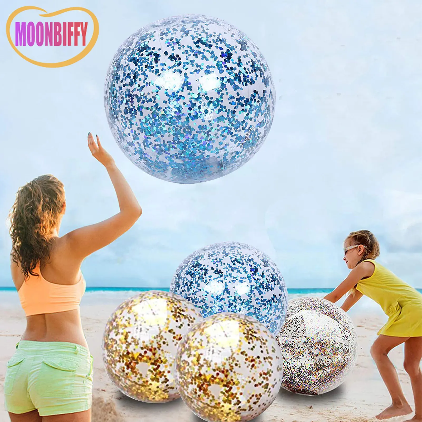 Inflatable Glitter Beach Ball Summer Water Ball Sequin Beach Balls for Summer - £9.45 GBP+