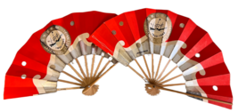 2 Vintage Fan Japan US Centennial Folding Painted Hand Fan Esso Oil Prov... - $690.61 MXN