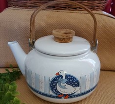 White Enamel Metal Tea Pot Kettle Wood Handle Country Kitchen Goose Blue Bow - £18.74 GBP