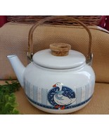 White Enamel Metal Tea Pot Kettle Wood Handle Country Kitchen Goose Blue... - £18.30 GBP