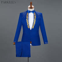 PARKLEES - Original Diamond Royal Blue Men Suit Set Gold Embroidered Wedding Men - £40.09 GBP+