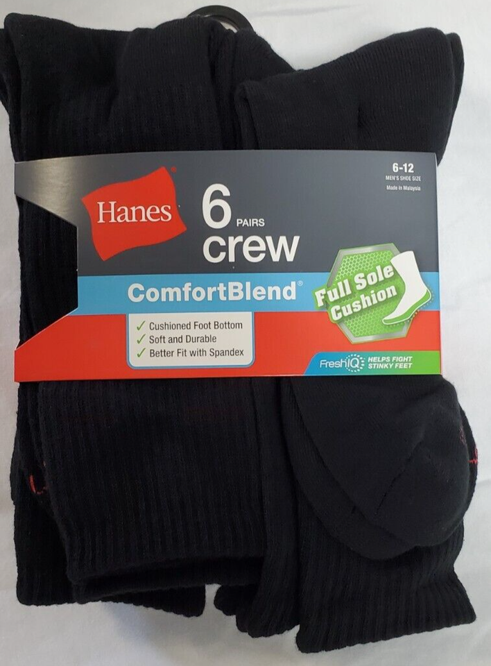 Hanes Men&#39;s Crew Socks 6 Pair Comfort Blend Fresh IQ Full Sole Cushion S... - $14.00