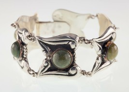 Vintage Mexico Sterling Silver Repousse &amp; Green Stone Link Bracelet 7.50&quot; - £151.48 GBP