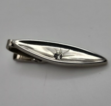 Vintage Unbranded Silver Tone Ellipse Shaped Tie Clip w/ Center Rhinestone - £11.19 GBP