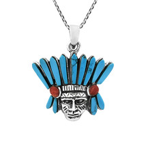 Indian Style Chief Head with Blue and Red Stone Sterling Silver Pendant Necklace - £21.59 GBP