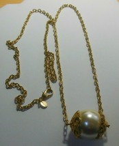 Signed Express Long Gold-tone Large Faux Pearl Pendant Necklace - £20.89 GBP