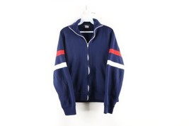 Vintage 70s Mens Small Faded Striped Full Zip Warm Up Track Jacket Navy Blue - £35.44 GBP