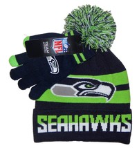 SEATTLE SEAHAWKS NFL Youth Knit Winter Hat &amp; Glove Set Cuff Logo Pom Beanie - $19.24