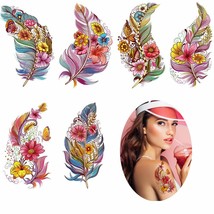 Large Feather Flower Temporary Tattoos 6 Sheets Colored 3D Body Art Accessories  - £18.78 GBP