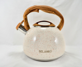 Belanko Tea Kettle 3.0 Liter Whistling Teapot Wood Pattern Handle Milk White - £26.07 GBP