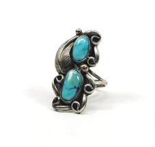 Navajo Turquoise Silver Ring Feather Leaf Scroll Setting Size 7 Handcrafted - £89.96 GBP