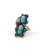 Navajo Turquoise Silver Ring Feather Leaf Scroll Setting Size 7 Handcrafted - £91.65 GBP