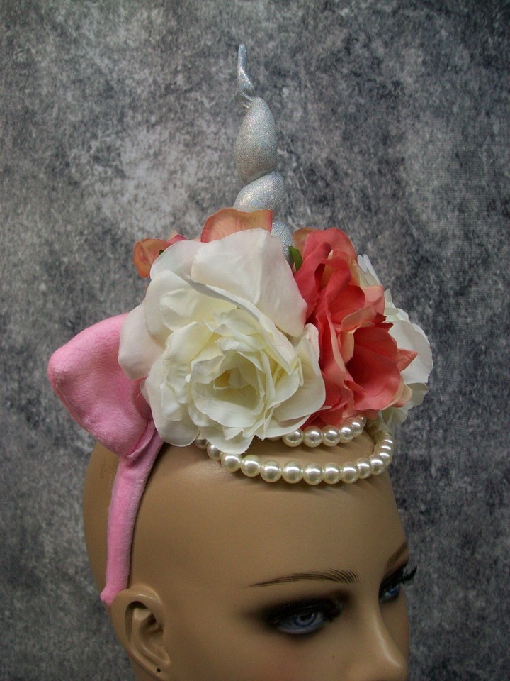 Fancy Unicorn Horn Flower Crown Headband w/ Ears Pearl Strands Fantasy Magical Item image 2