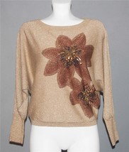 INC Metallic Tan Brown Large Sequin Flowers Batwing Sleeves Sweater Wm&#39;s... - $27.99