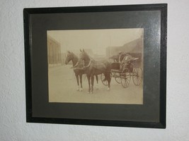 Old Photo Horse Drawn Carriage Surrey Downtown Cobble Stone Street Bw Photograph - £48.52 GBP