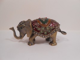 Jeweled Elephant Hinged Trinket Box Brass Metal Enamel Rhinestones Figurine - $14.90