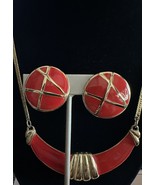 Vintage 80&#39;s Bib Statement Necklace  &amp; Clip Earrings Set Red &amp; Gold Tone - $12.99
