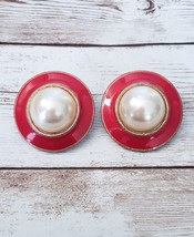 Vintage Clip On Earrings Faux Pearl with Red Enamel Halo Large Statement - £12.05 GBP