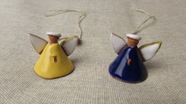 2 Tiny Handcrafted Vintage Hanging Clay Bell Angels, Christmas Decoration - $25.57