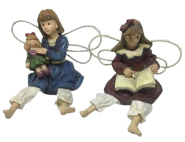 Angel Girl Self Sitters Dangling Legs Ceramic Country Pair Rustic Sister Child 2 - £8.69 GBP